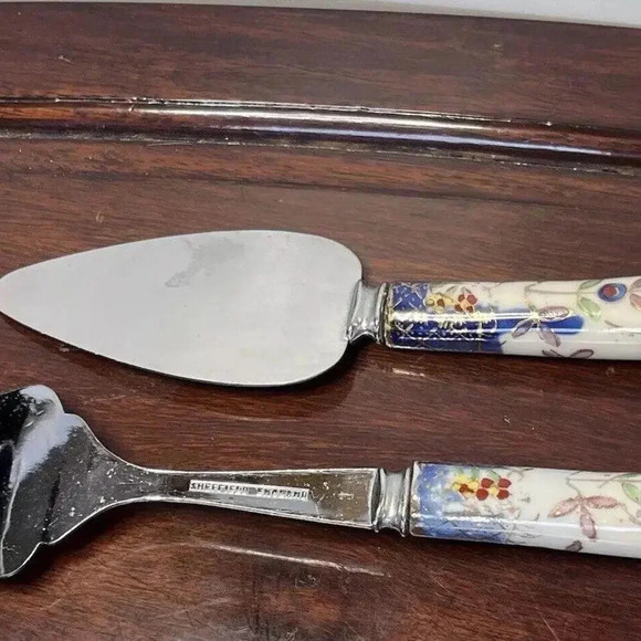 Cobalt blue Enamel Floral Charcuterie Fork & Spatula‎ Sheffield England - Picture 7 of 9